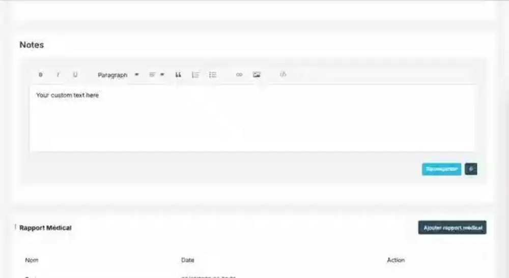 The ayanaEHR note editor, a rich text area above a list of medical reports attached to the encounter.